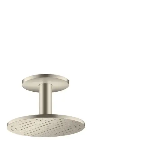 Deckenmontierte Kopfbrause aus gebürstetem Nickel mit runder, perforierter Brausefläche. Produkt von AXOR, geeignet für moderne Duschanlagen.